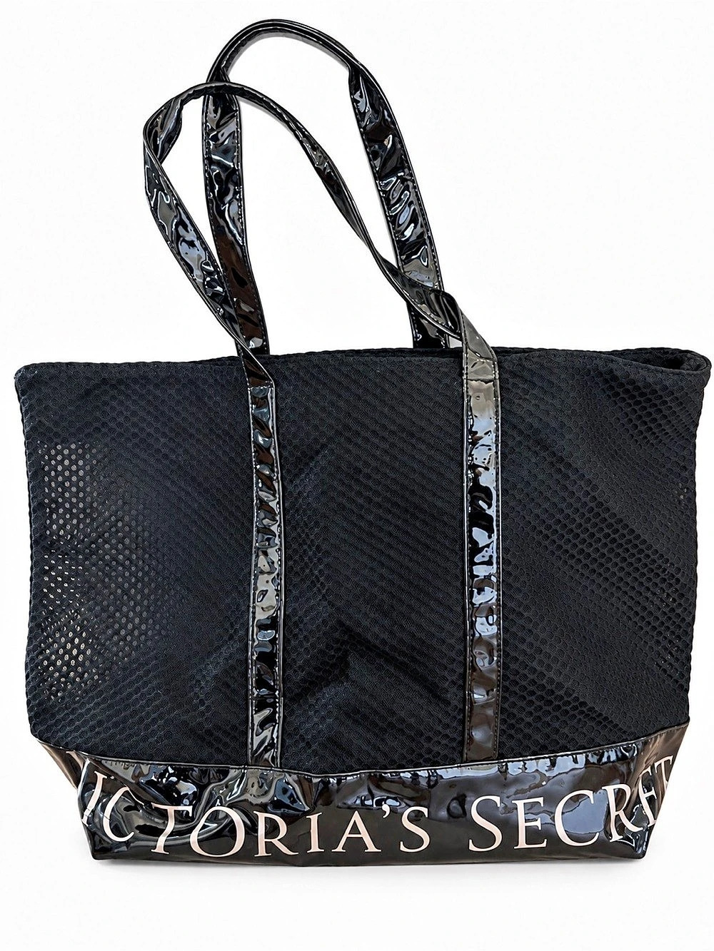 Victoria's Secret Black Mesh Tote Bag with Patent Trim Black